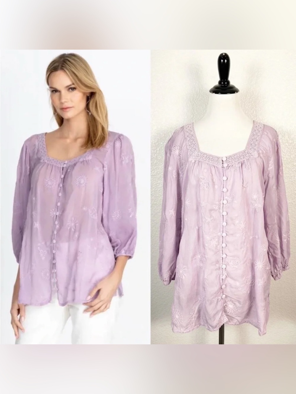 Johnny Was Lavender Embroidered Peasant Blouse Small EUC